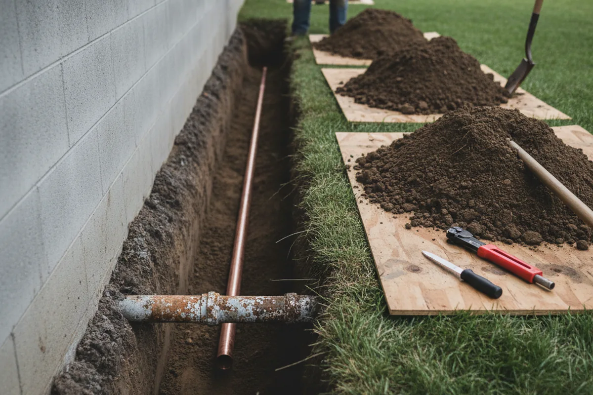 Excavated water line trench during Sewer Line Repair in Thompson